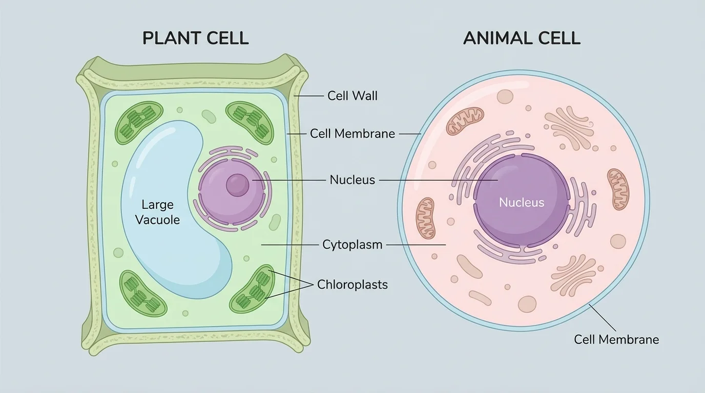 Side-by-side plant cell and animal cell labeled with nucleus, cell membrane, cytoplasm, cell wall, chloroplasts, and large vacuole