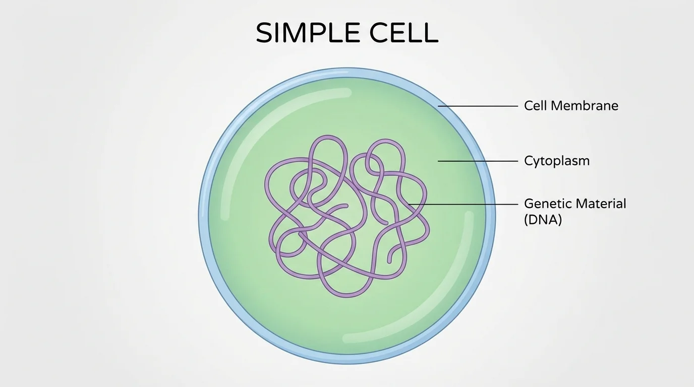 Labeled simple cell showing cell membrane, cytoplasm, and genetic material inside a basic rounded cell