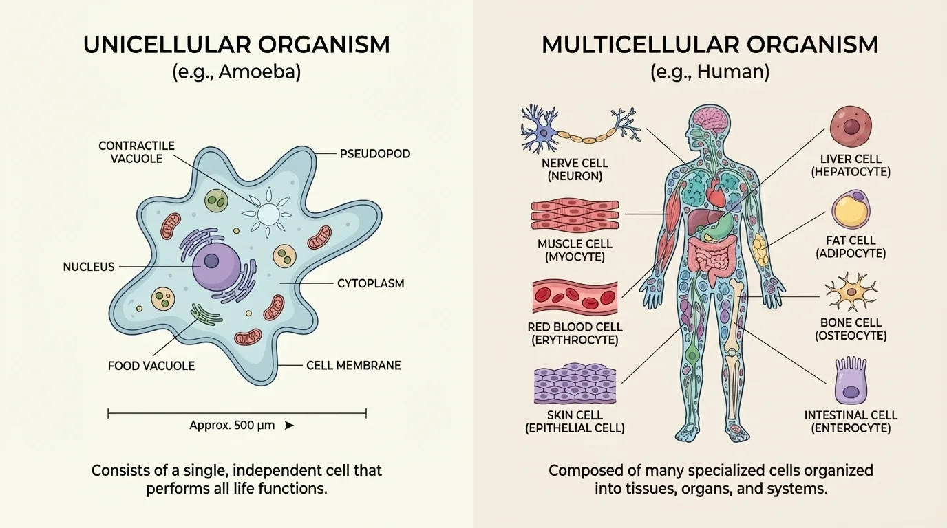 Side-by-side comparison of a single-celled amoeba and a human silhouette composed of many different cell types