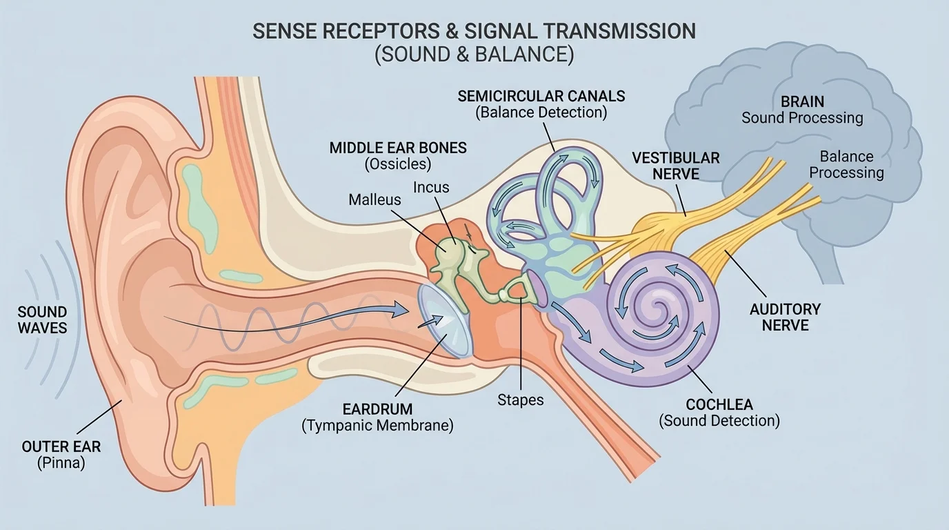 outer ear, eardrum, middle ear bones, cochlea, and semicircular canals showing sound vibration and balance detection