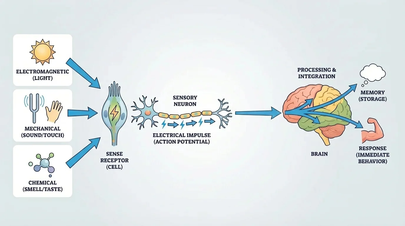 flow from stimulus to receptor activation to electrical nerve impulse traveling along neuron to spinal cord and brain to response