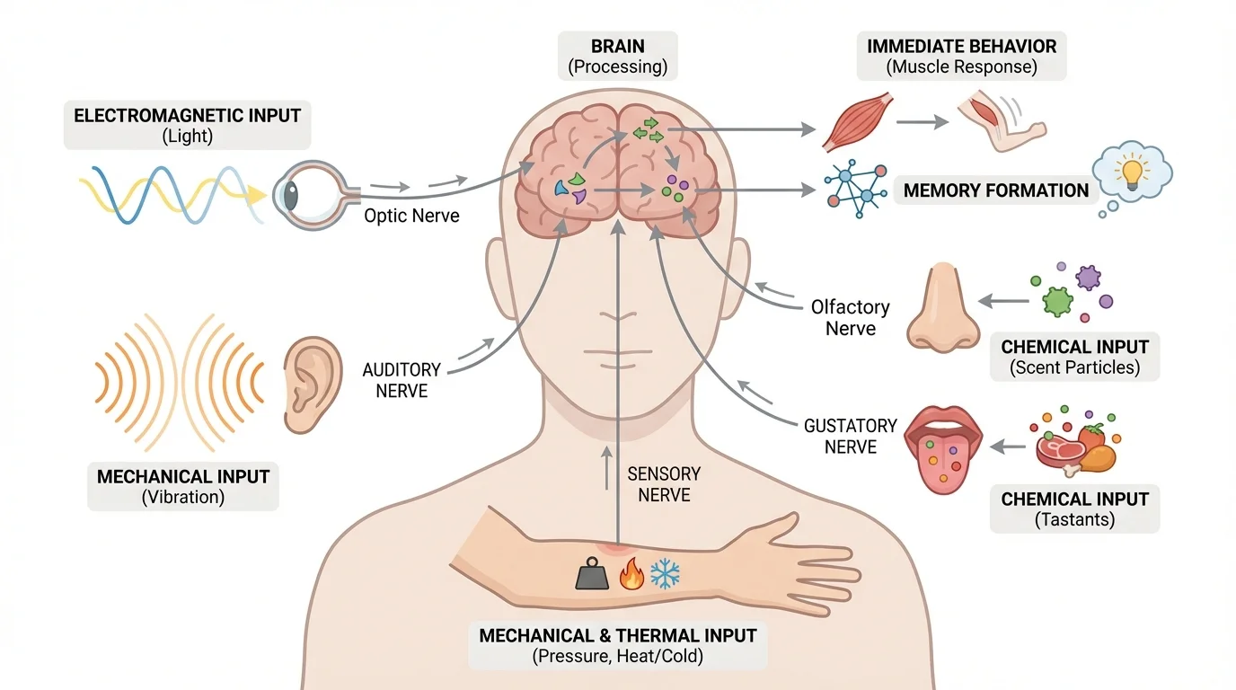 labeled human body showing eyes detecting light, ears detecting vibration, skin detecting pressure and temperature, nose and tongue detecting chemicals