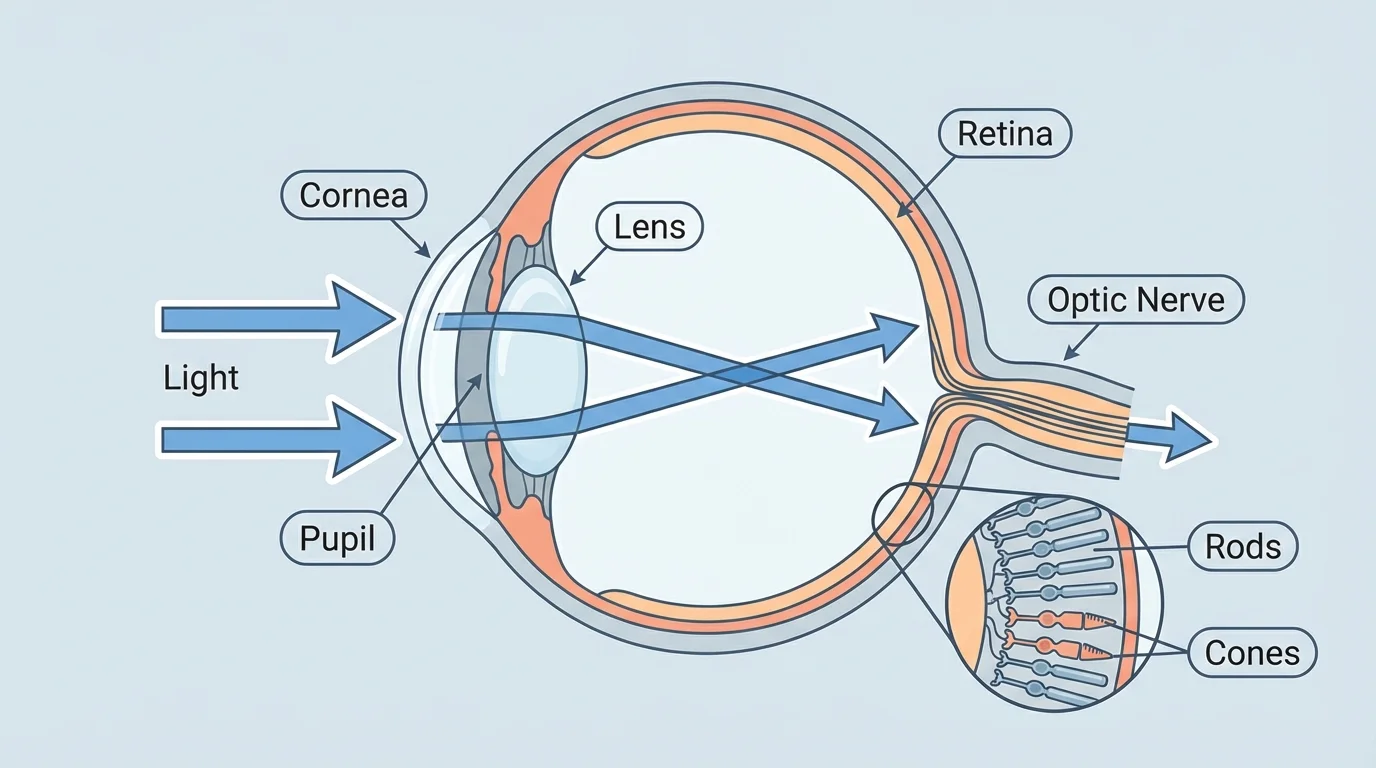 cross-section of the eye labeled cornea, pupil, lens, retina, optic nerve, rods, and cones with arrows showing light entering