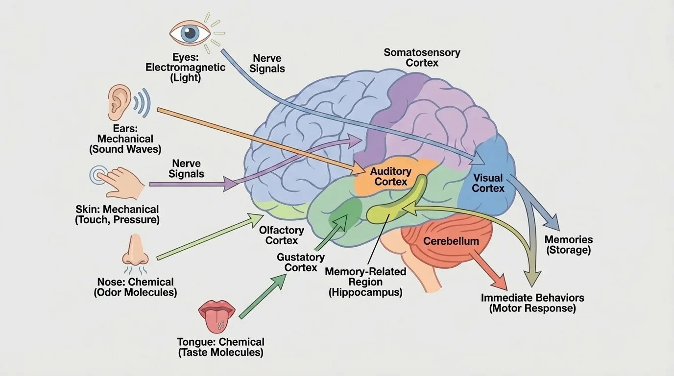 simple brain diagram with labeled sensory cortex areas, cerebellum, and memory-related region with arrows from eyes, ears, skin, nose, and tongue