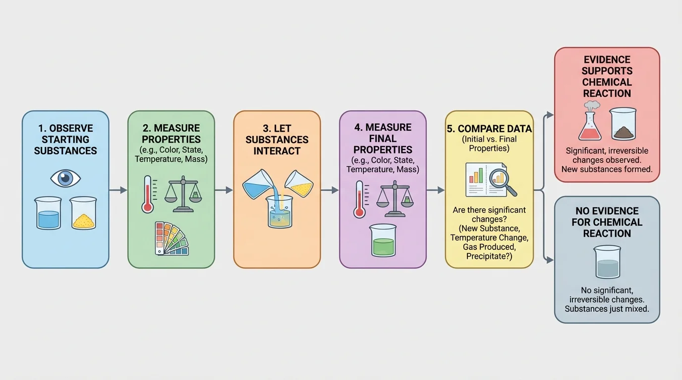 flowchart showing the steps observe starting substances, measure properties, let substances interact, measure final properties, compare data, decide whether evidence supports a chemical reaction