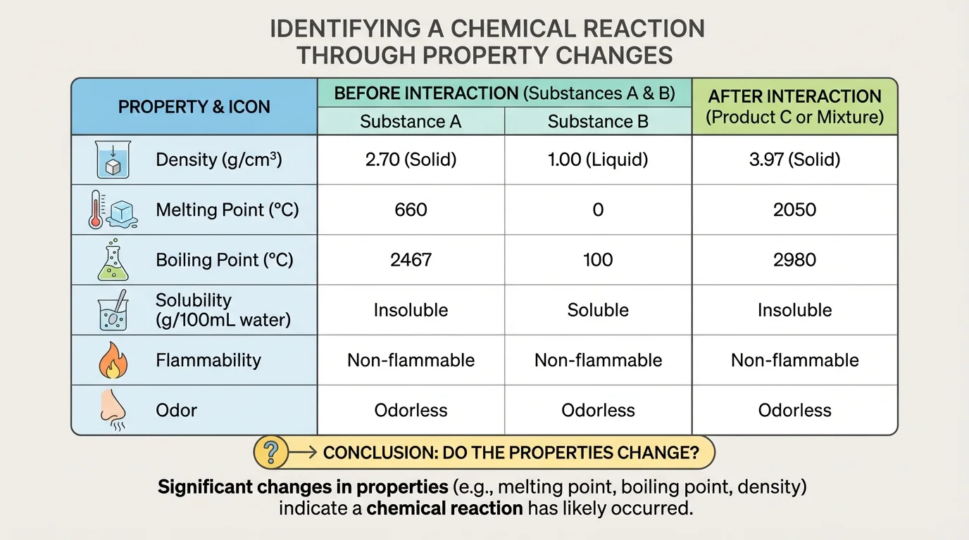 comparison chart with six properties—density, melting point, boiling point, solubility, flammability, and odor—with simple icons and short example labels