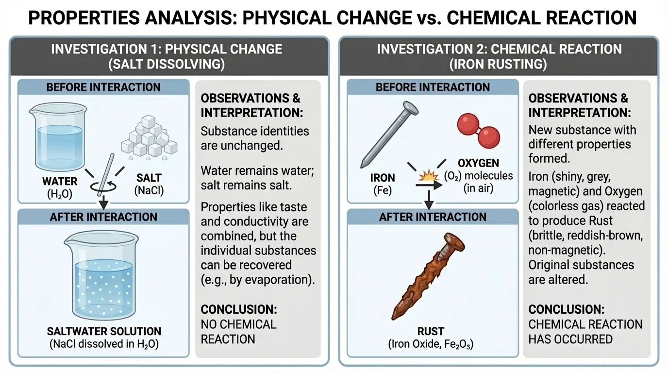 before-and-after comparison chart for two investigations—salt dissolving in water with mostly unchanged substance identities and iron reacting with oxygen forming rust with changed properties