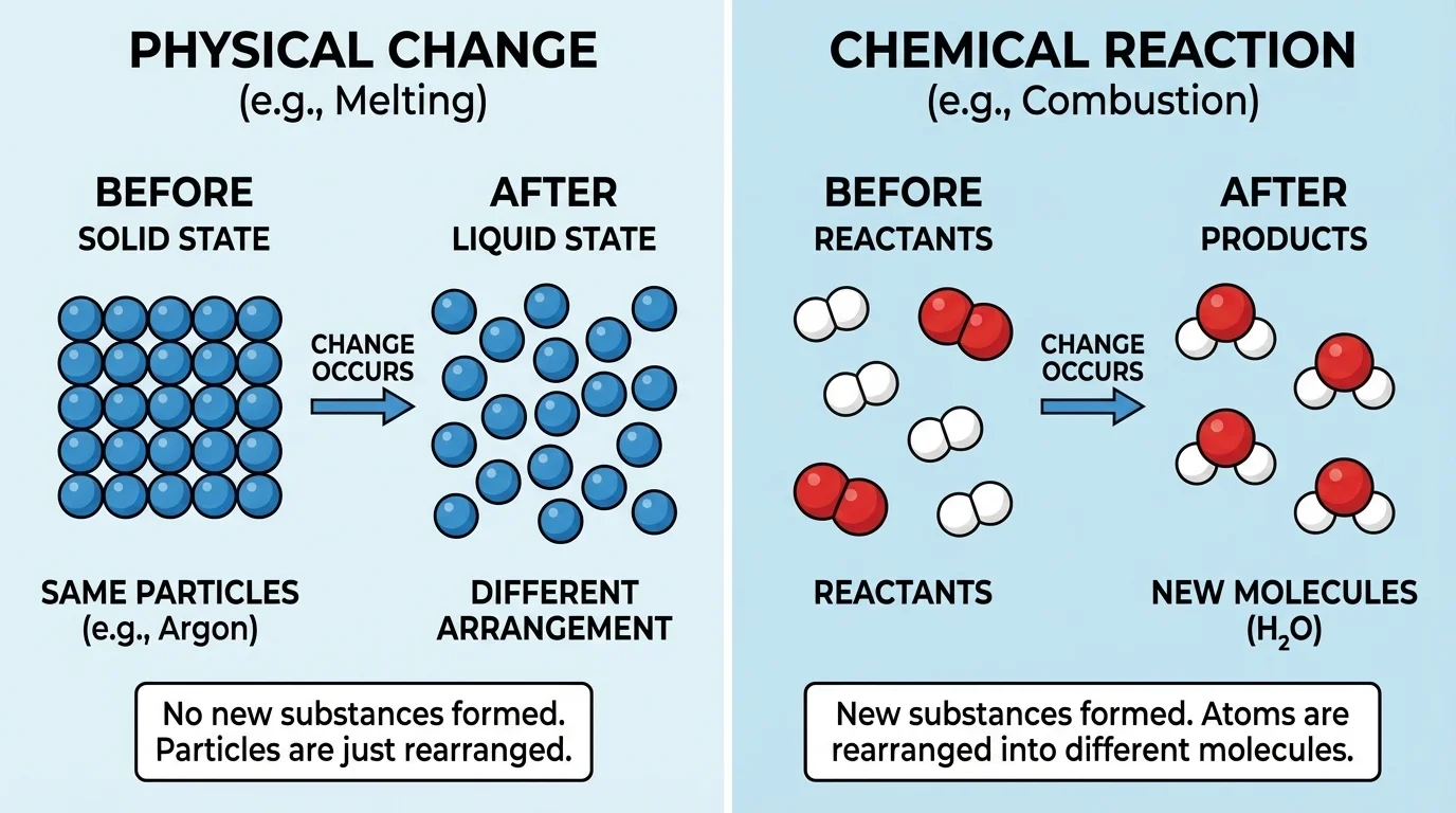 side-by-side particle diagram comparing a physical change with the same particles in a new arrangement and a chemical reaction with atoms rearranged into new molecules