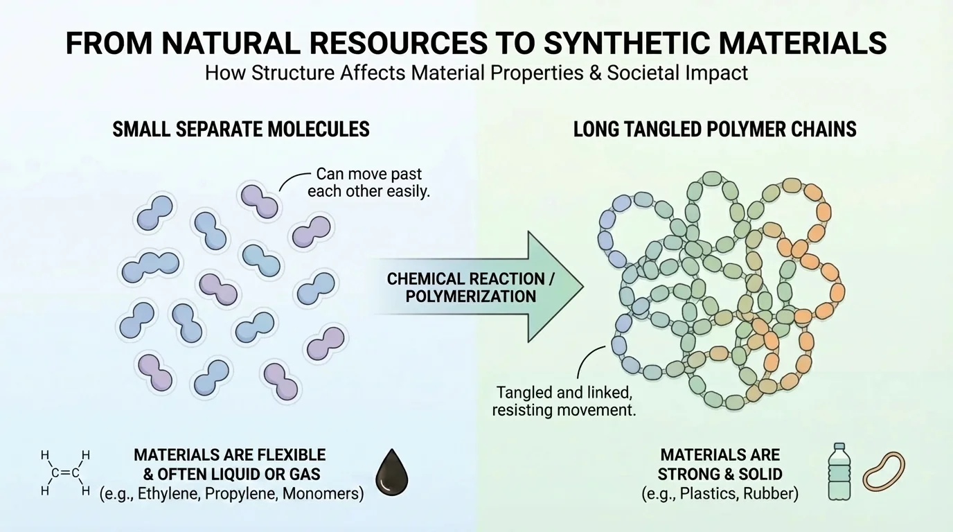 Comparison of small separate molecules and long tangled polymer chains, with simple labels showing why some materials are flexible and others are strong