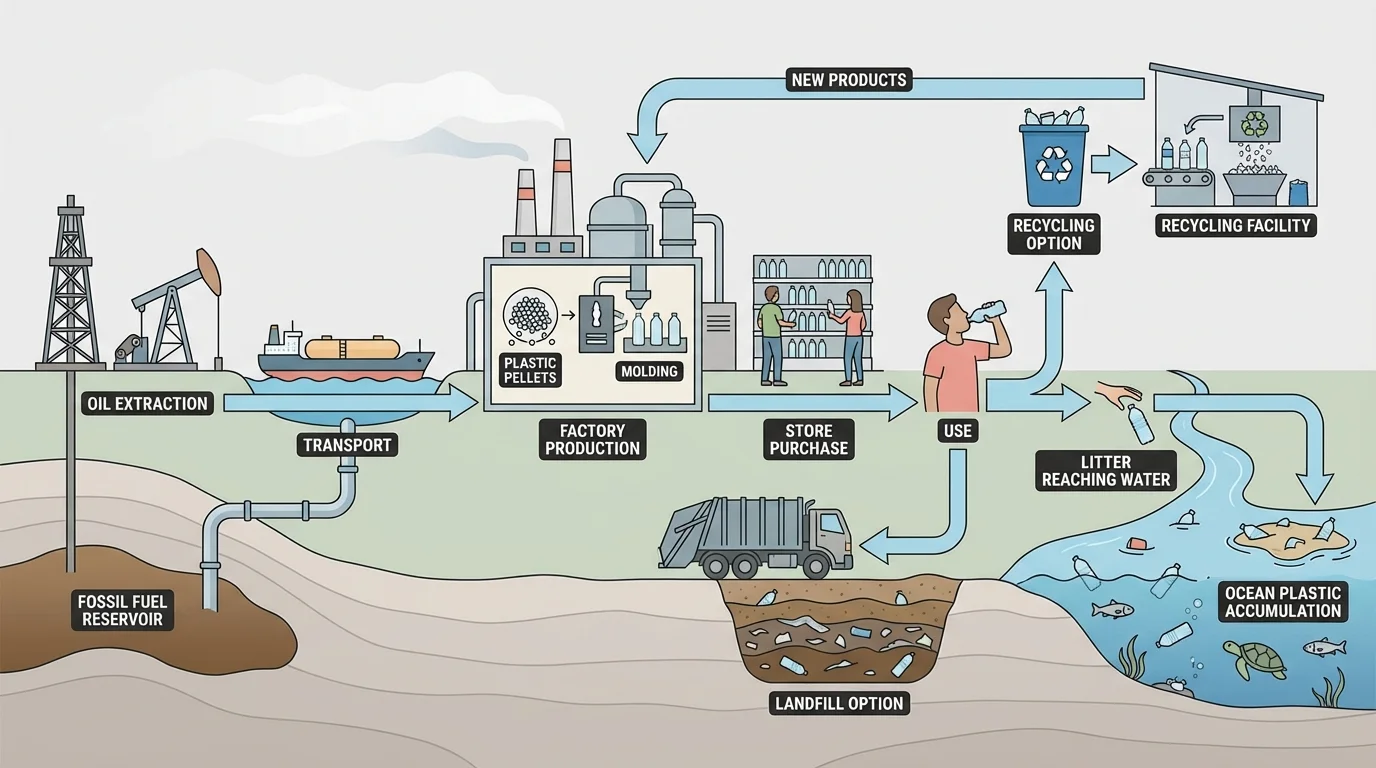 Life cycle of a plastic bottle showing oil extraction, transport, factory production, store purchase, use, recycling option, landfill option, and litter reaching water