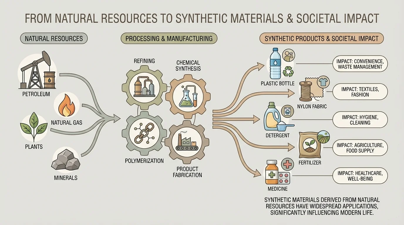 Natural resource sources including petroleum, natural gas, plants, and minerals leading through processing steps to products like plastic bottle, nylon fabric, detergent, fertilizer, and medicine