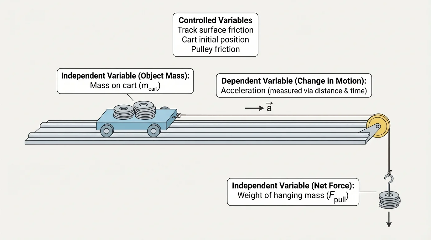 straight track with a cart, added washers for mass, a pulling setup for force, and concise labels for independent variable, dependent variable, and controlled variables