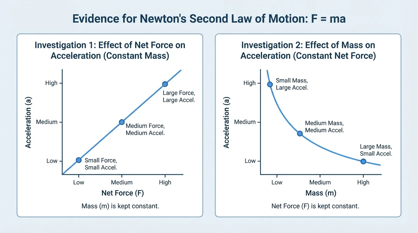 two simple side-by-side graphs, one showing acceleration increasing with greater force at constant mass and one showing acceleration decreasing with greater mass at constant force