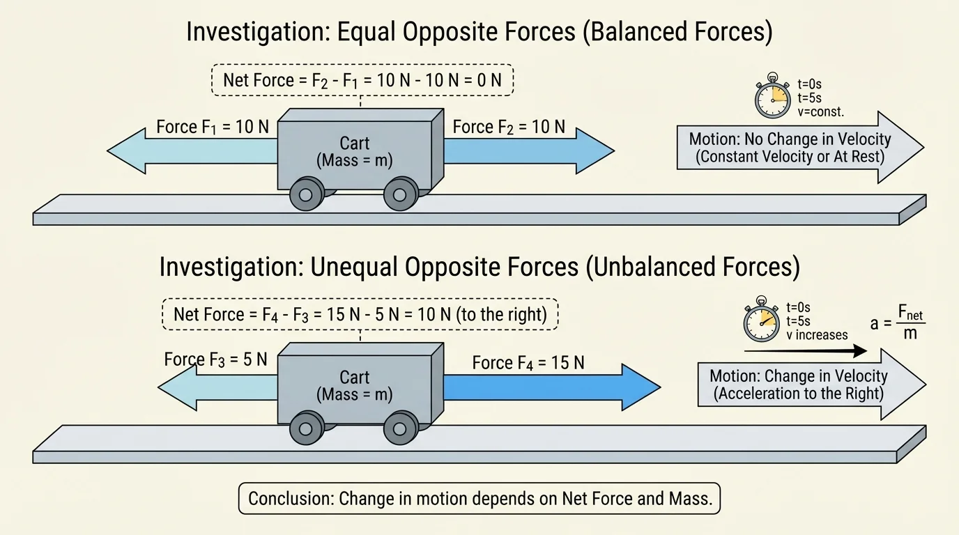 cart on a straight track with arrows showing equal opposite forces in one case and unequal opposite forces in another, with motion change along the same straight line