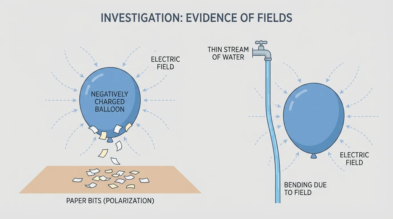Charged balloon near paper bits and a thin stream of water bending toward the balloon