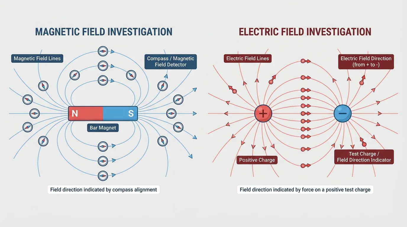 Side-by-side field maps showing compass directions around a magnet and arrow directions between oppositely charged objects