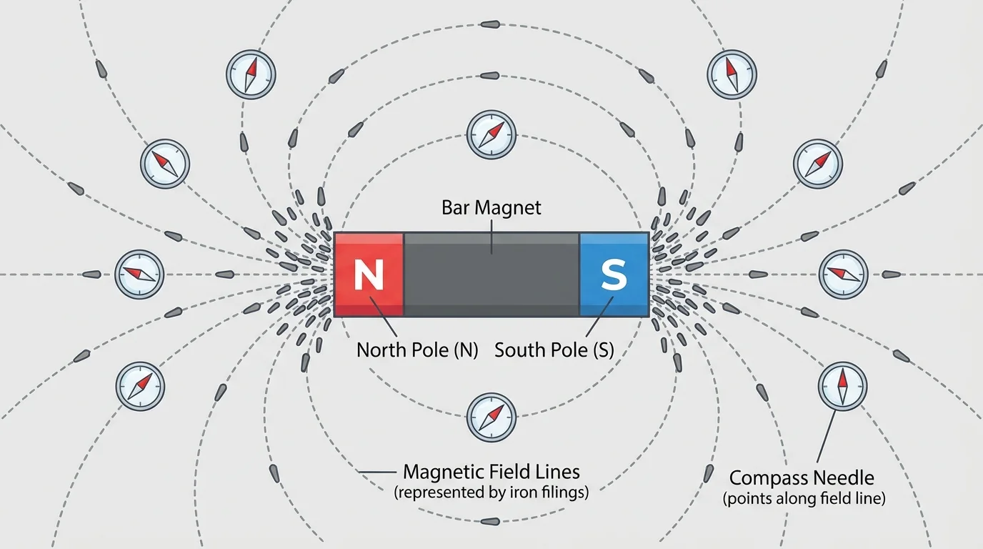 Bar magnet with curved field pattern shown by iron filings and several small compasses pointing along the field
