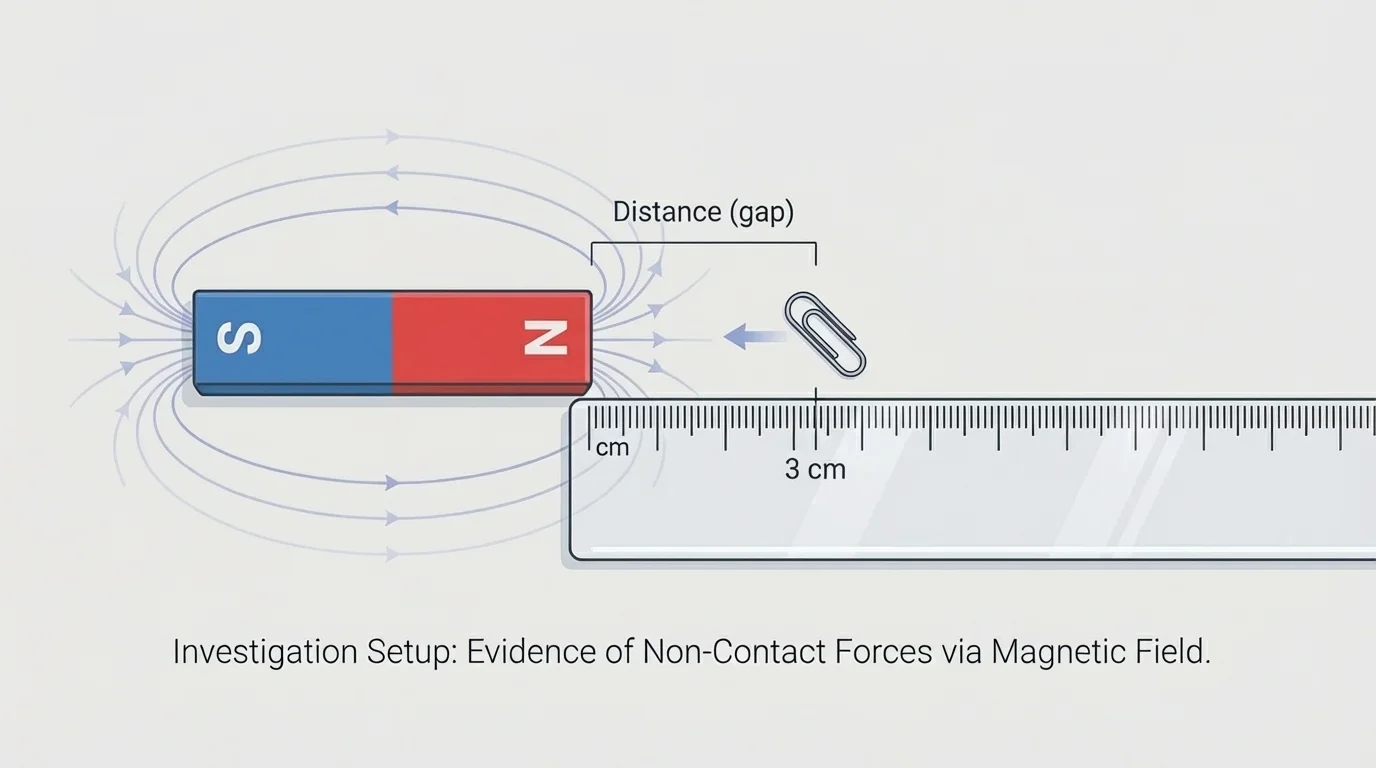 Investigation setup with bar magnet, ruler marked by distance, and paper clip being attracted without contact