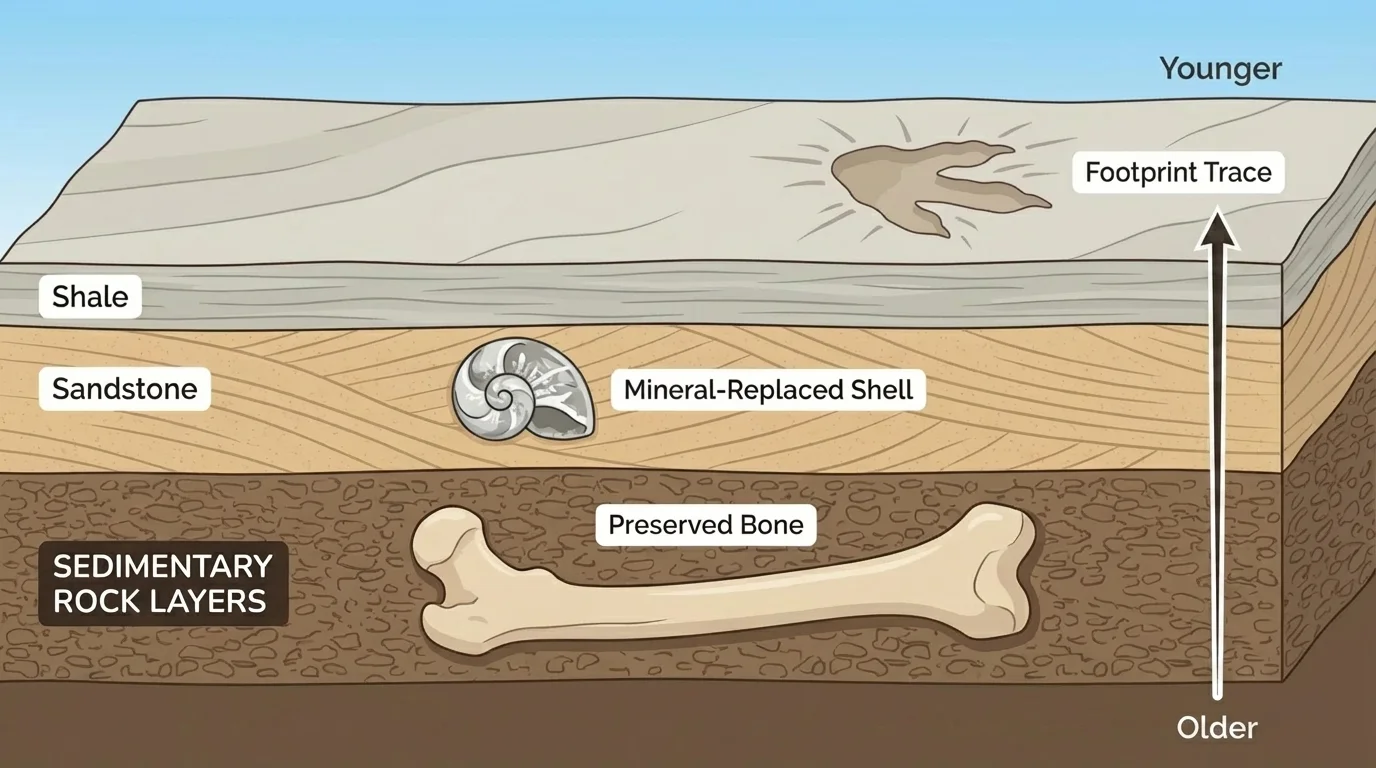 Cross-section showing preserved bone, mineral-replaced shell, and footprint trace in stacked sediment layers with simple labels