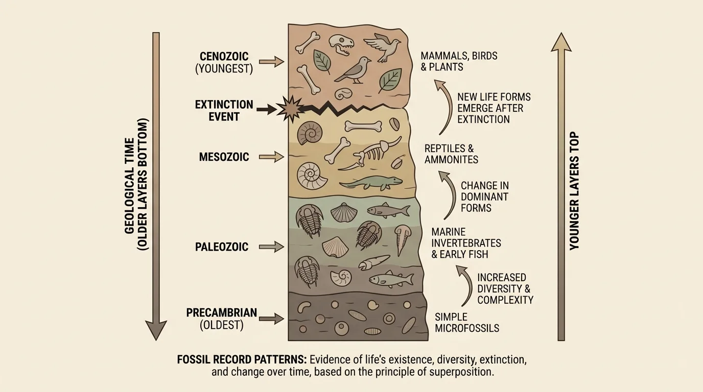 Labeled rock column with lower layers older than upper layers, showing different fossil shapes in each layer and arrows indicating comparison across layers