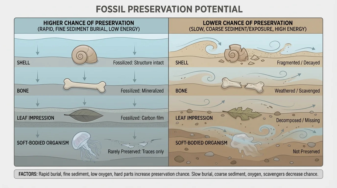 Comparison of shell, bone, leaf impression, and soft-bodied organism in different burial settings, showing higher and lower chances of preservation