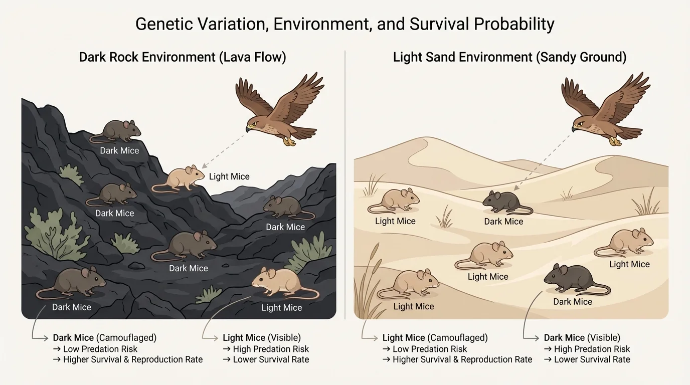 Illustration comparing dark mice on lava rock and light mice on sandy ground, with predators spotting the more visible mice