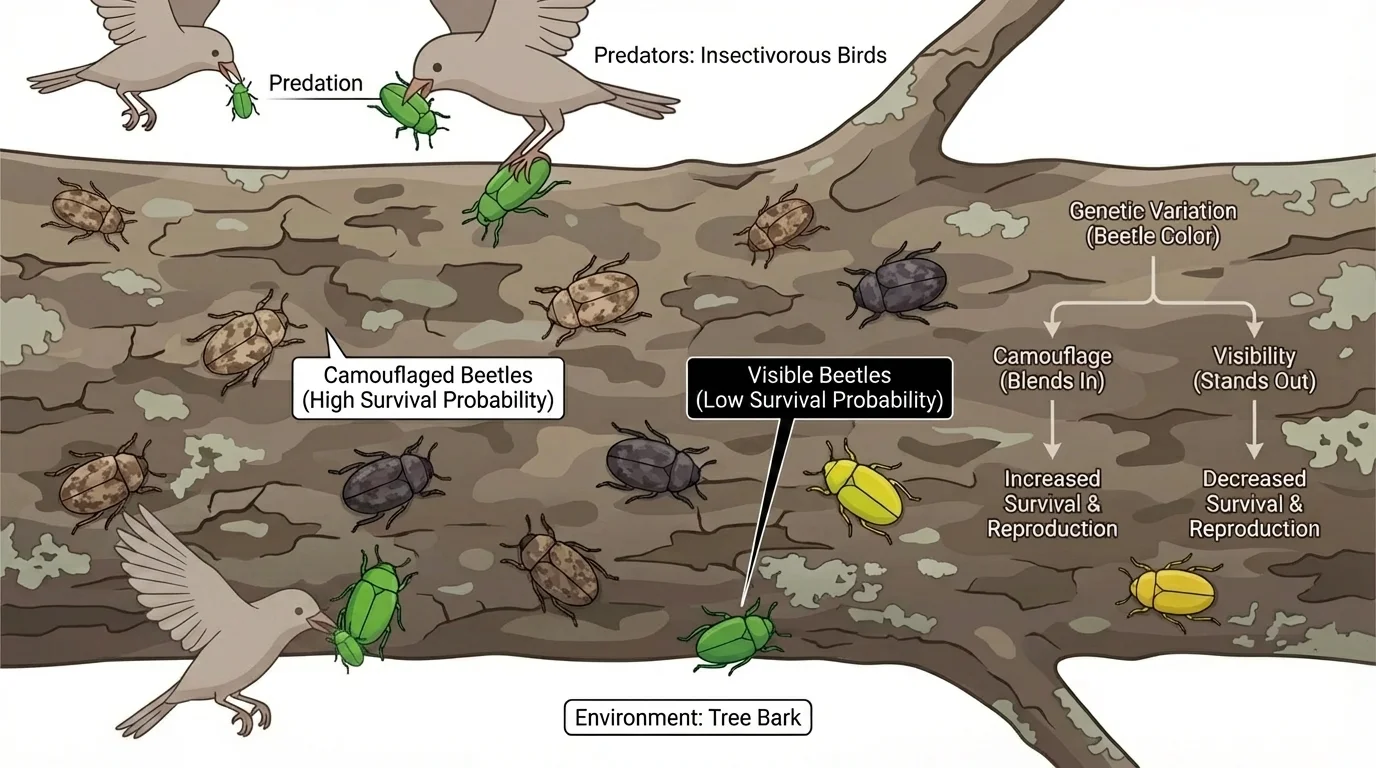 Population of beetles on tree bark with different colors, some blending in and some standing out to birds