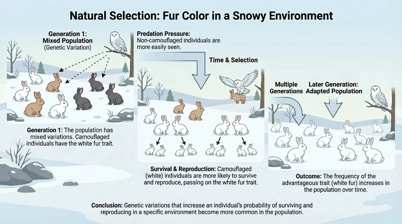 Flowchart of a rabbit population in snowy habitat where white fur individuals survive and reproduce more over several generations