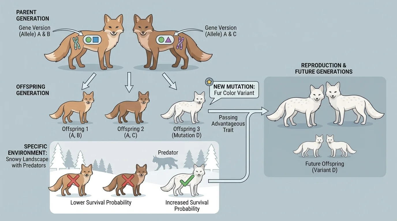 Diagram of parent organisms passing different gene versions to offspring, with one offspring showing a new mutation affecting fur color