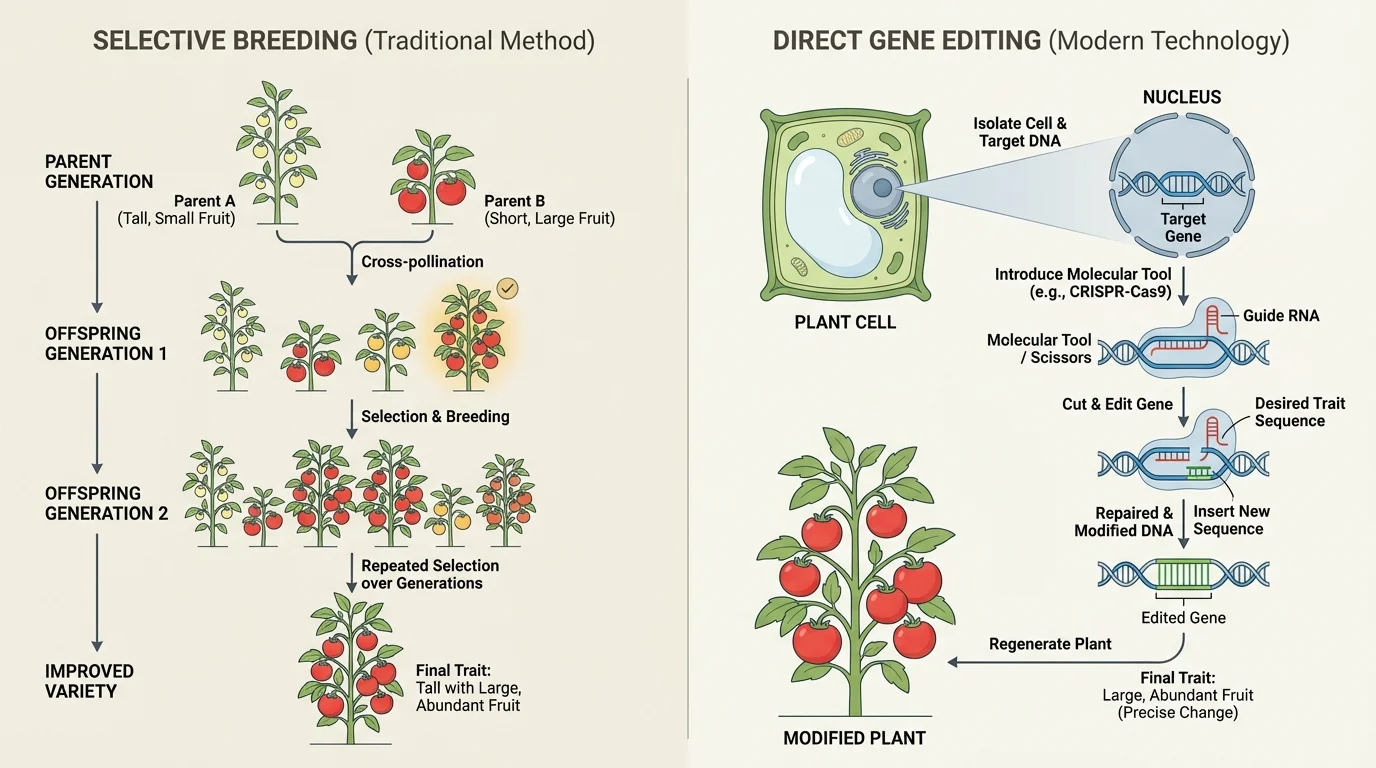 side-by-side comparison, left panel showing selective breeding of two parent plants over generations, right panel showing direct editing of a gene in a plant cell