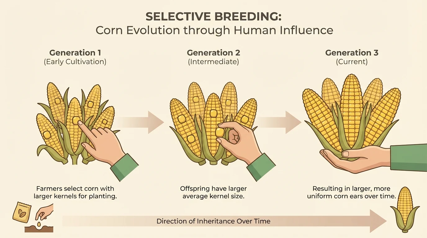 farmers selecting corn plants with larger kernels across several generations, leading to larger and more uniform corn ears