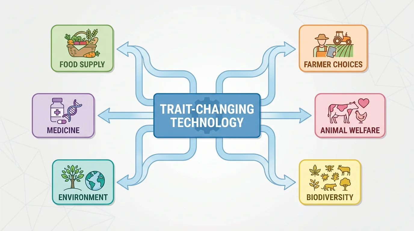 central box labeled trait-changing technology with branches to food supply, medicine, environment, farmer choices, animal welfare, and biodiversity