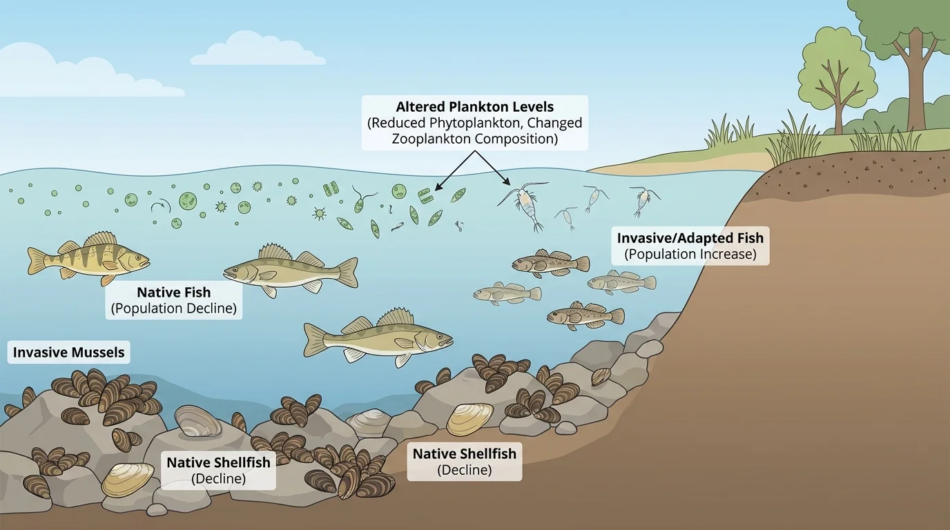Lake shoreline with invasive mussels covering rocks, fewer native shellfish, altered plankton levels, and fish species changing