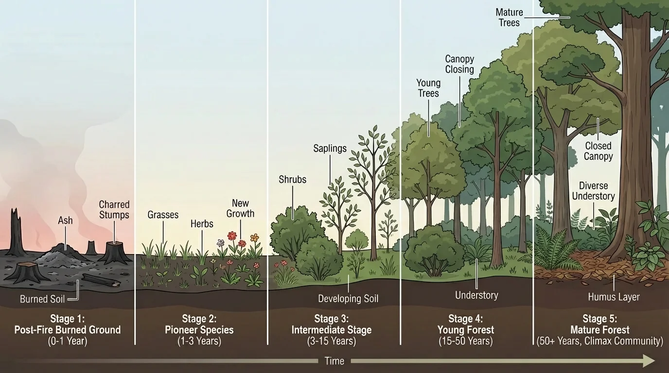 Ecological succession after wildfire showing burned ground, grasses, shrubs, young trees, and mature forest in sequence