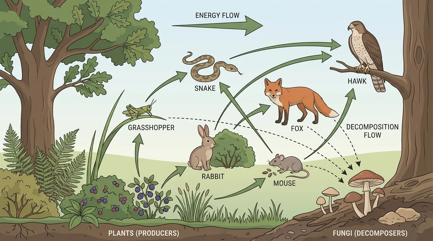 Forest food web with plants, grasshopper, rabbit, mouse, snake, hawk, fox, fungi, and arrows showing energy flow and decomposition