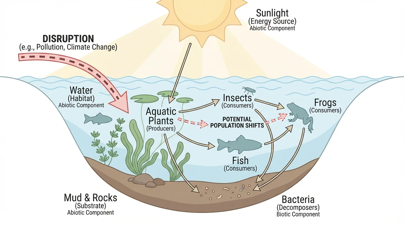 Labeled pond ecosystem with fish, frogs, aquatic plants, insects, sunlight, water, mud, rocks, and bacteria showing biotic and abiotic components