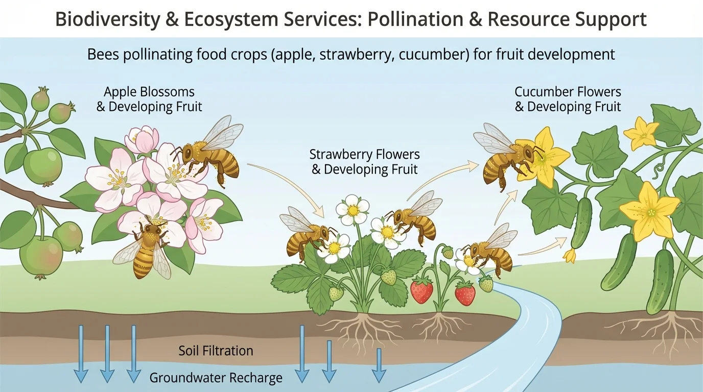 Bees pollinating flowering crop plants such as apple blossoms, strawberry flowers, and cucumber flowers, with developing fruits visible