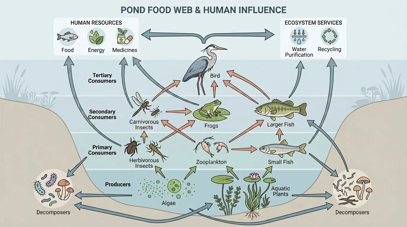 Pond food web with algae, aquatic plants, insects, small fish, frogs, larger fish, birds, and decomposers, connected by arrows showing feeding relationships