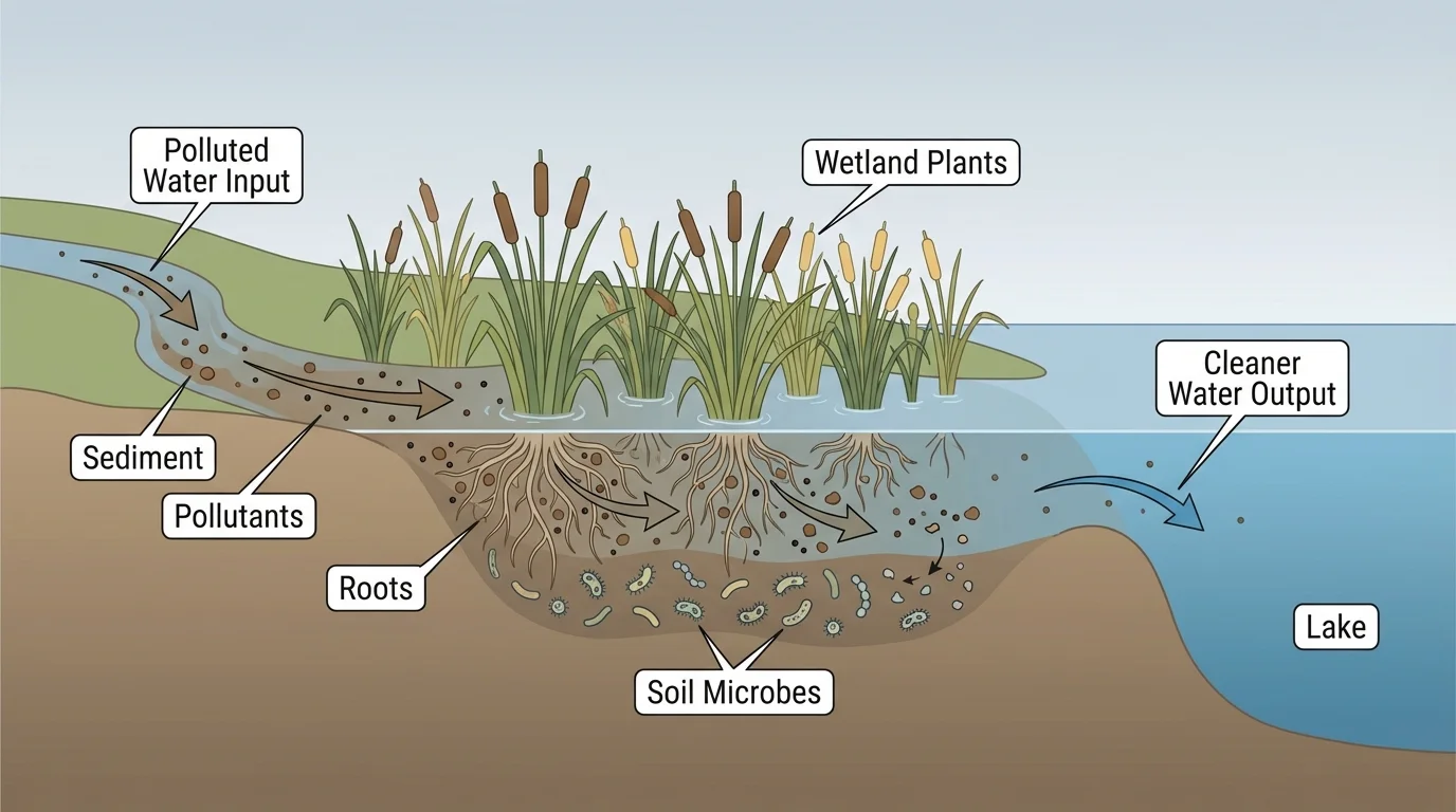 Wetland water purification with water entering carrying sediment and pollutants, moving through wetland plants, roots, and soil microbes, and exiting cleaner into a stream or lake