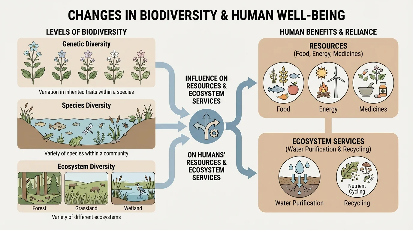 Diagram showing levels of biodiversity with one species displaying different inherited traits, a community with many species in a pond or forest edge, and separate ecosystems labeled forest, grassland, and wetland