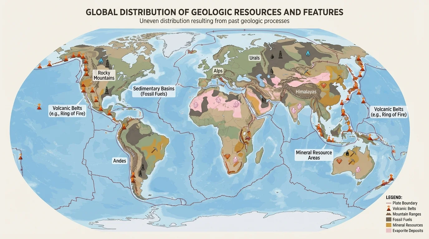 World map highlighting plate boundaries, volcanic belts, mountain ranges, and major sedimentary basins associated with mineral and fuel resources