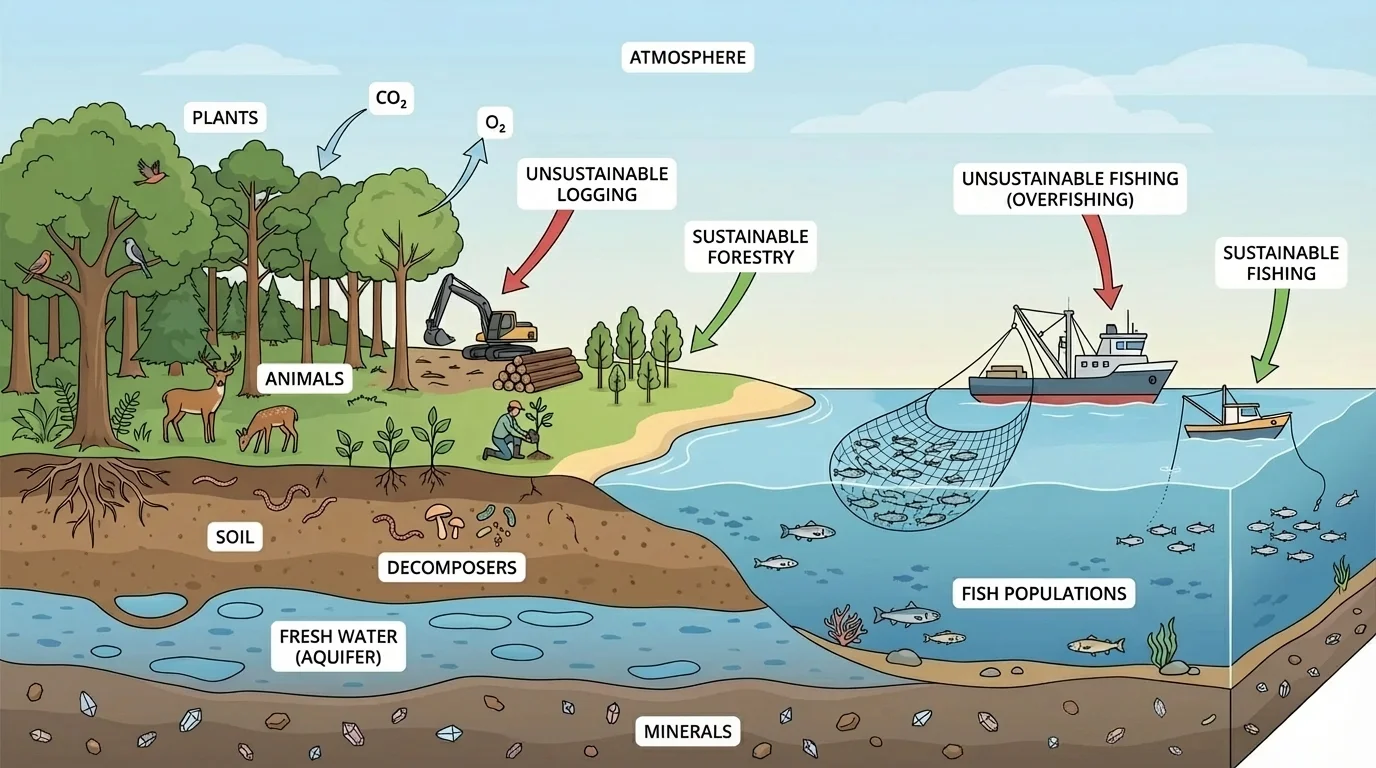 Forest and coastal fishery scene showing soil, plants, animals, decomposers, fish populations, and humans using resources sustainably and unsustainably