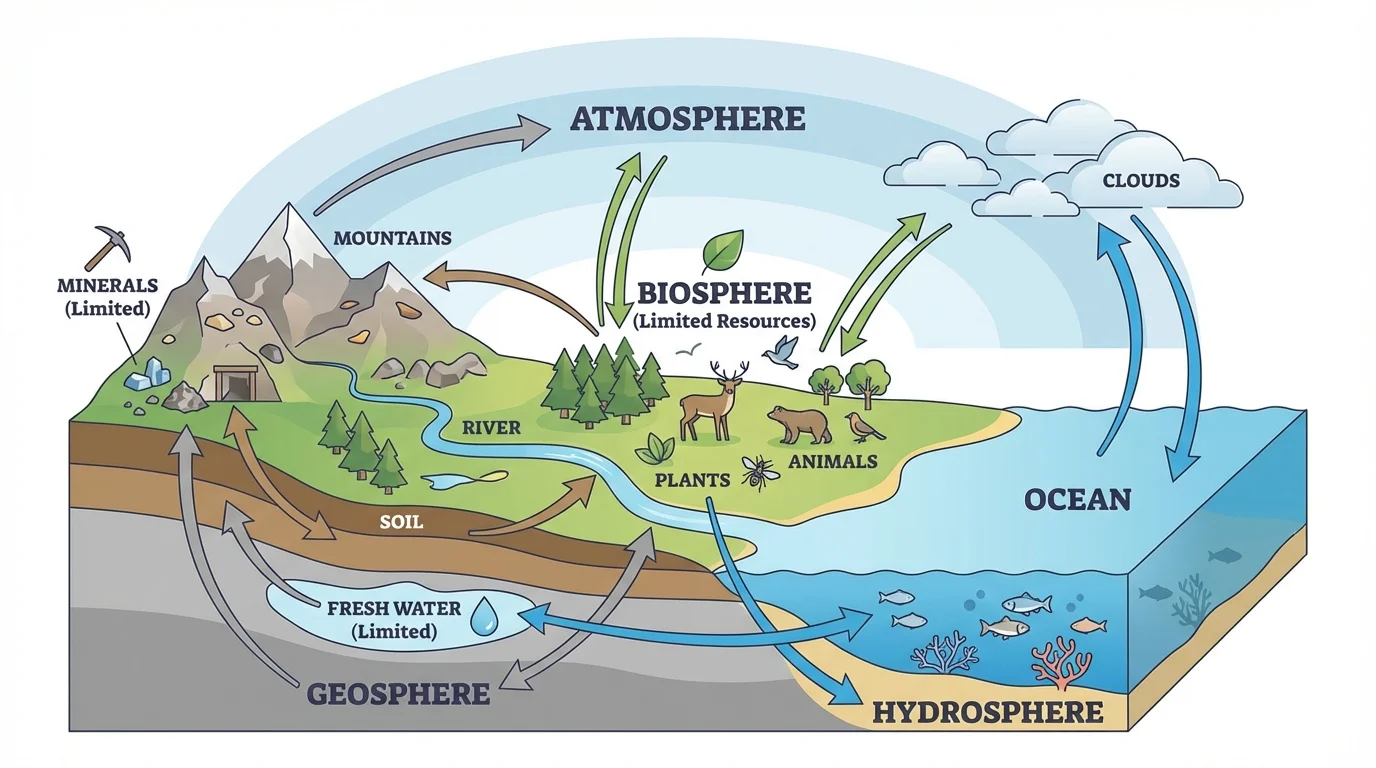 Labeled Earth systems diagram showing mountains, soil, rivers, ocean, clouds, plants, animals, and arrows linking geosphere, hydrosphere, atmosphere, and biosphere
