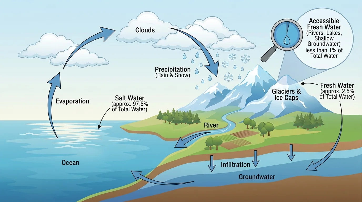 Water cycle showing ocean evaporation, clouds, precipitation, rivers, groundwater, glaciers, and a highlighted small portion of accessible fresh water