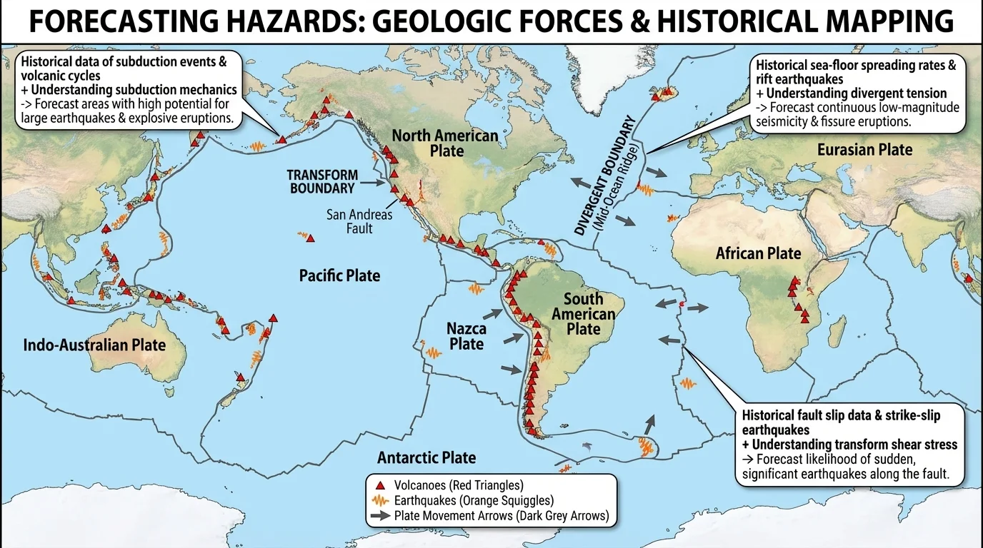 world-style tectonic plate boundary diagram labeled convergent, divergent, and transform, with clusters of volcanoes and earthquakes along plate edges