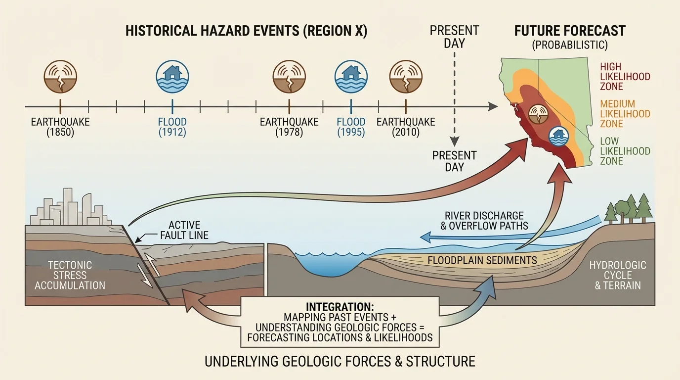 timeline of repeated hazard events in one region with several unevenly spaced earthquakes or floods and a present-day marker