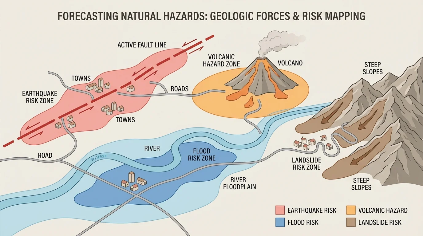 regional hazard map with a fault line, river floodplain, volcano, steep slopes, towns, roads, and colored zones for earthquake, flood, volcanic, and landslide risk