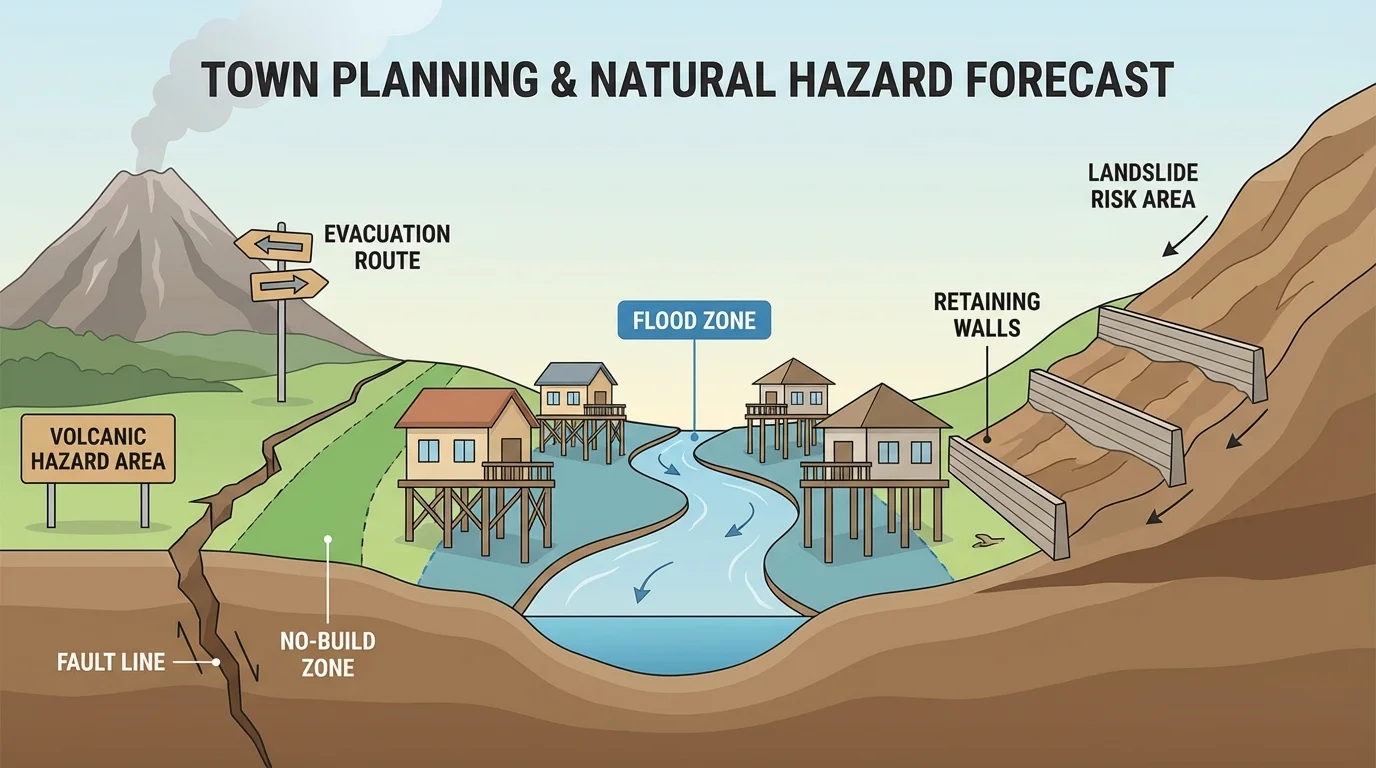 town planning scene with elevated homes in flood zone, no-build strip along a fault, volcano evacuation route signs, and retaining walls on a steep slope