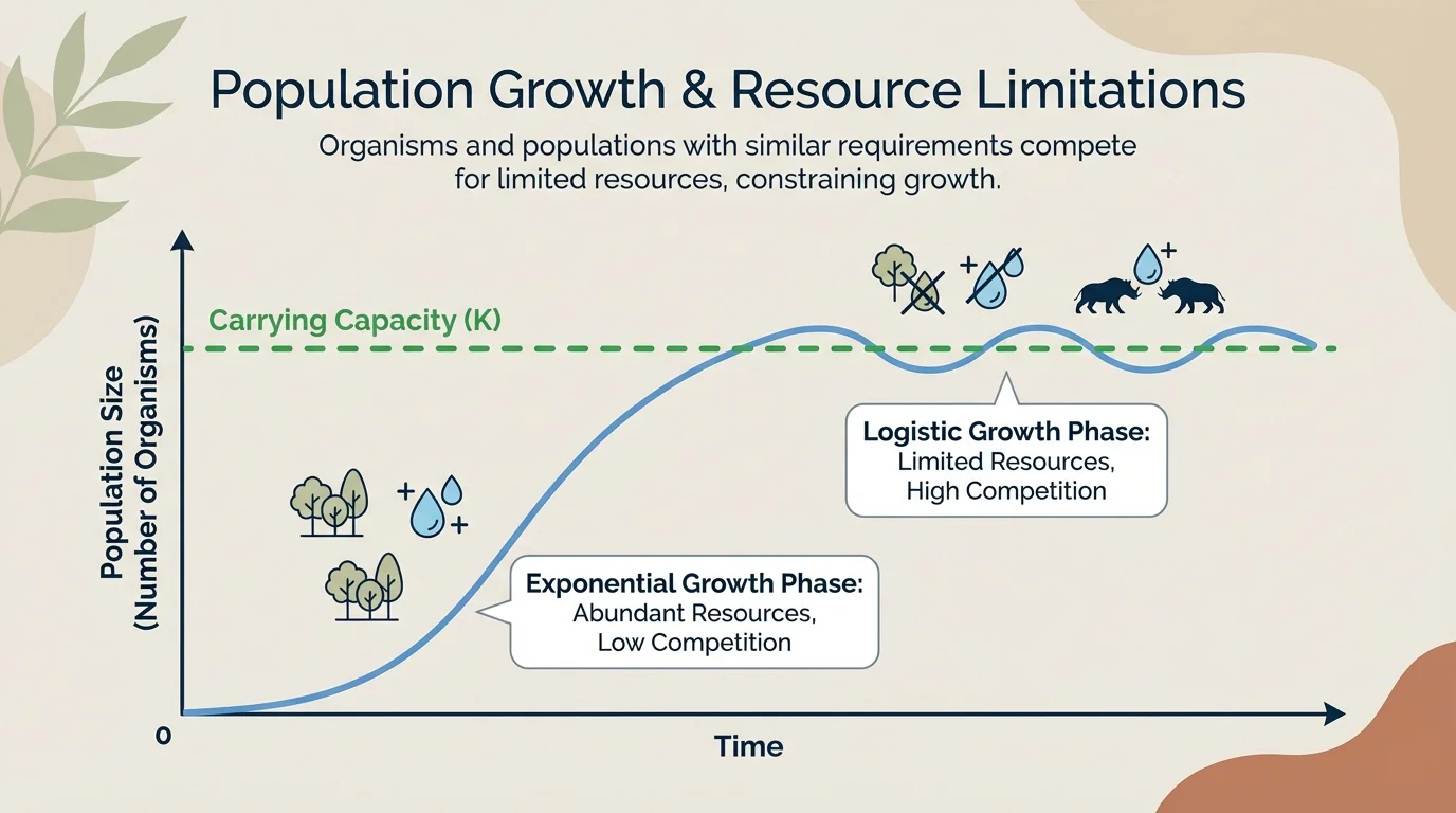 Population size graph rising quickly and then leveling off near a horizontal carrying capacity line