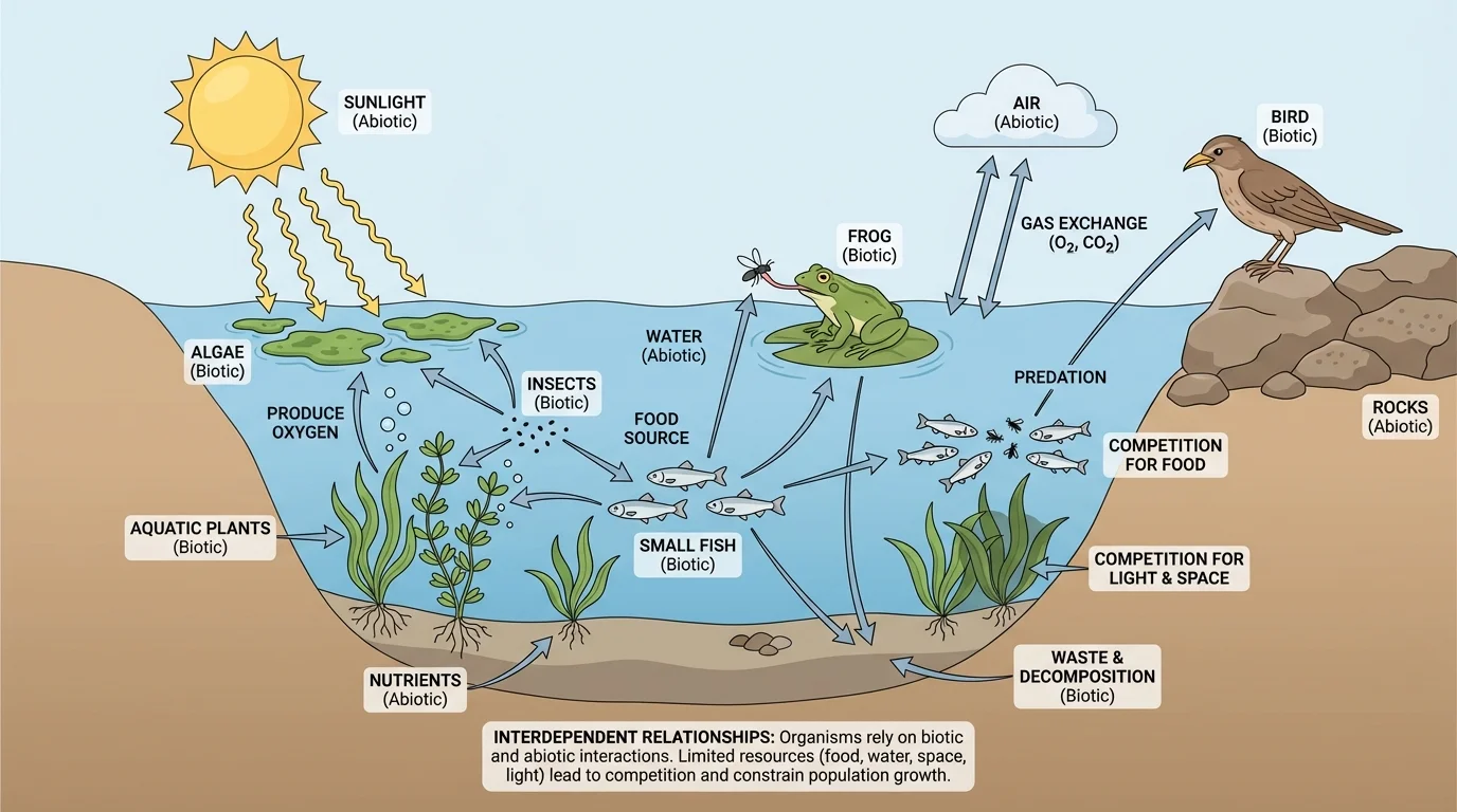 Labeled pond ecosystem with sunlight, water, algae, aquatic plants, fish, frog, insect, bird, rocks, and arrows showing interactions between biotic and abiotic factors